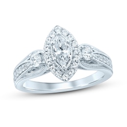 Memories Moments Magic Diamond Engagement Ring 1 ct tw Marquise & Round 14K White Gold