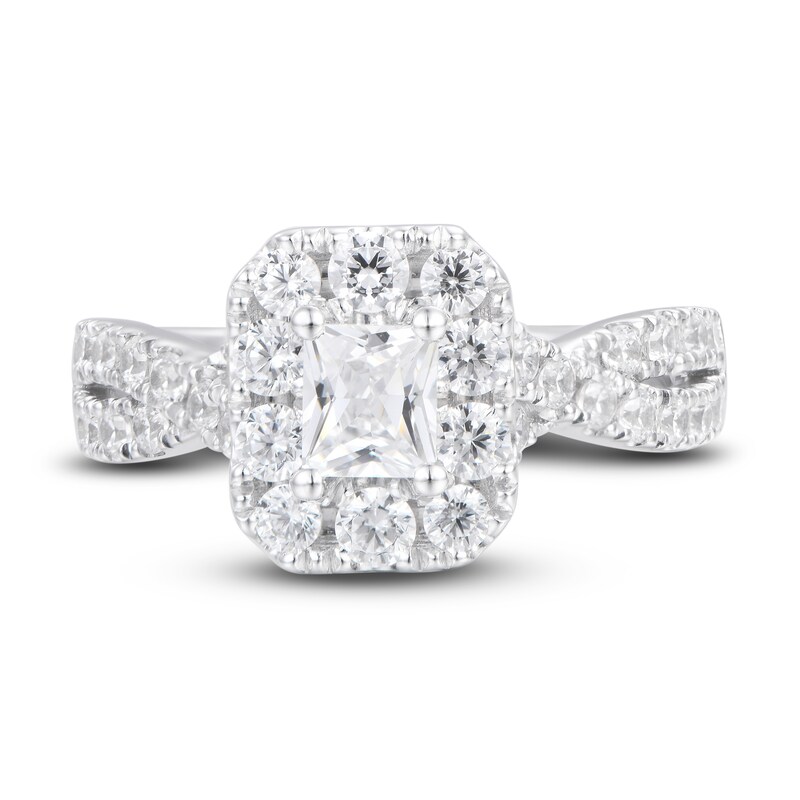 Diamond Engagement Ring 1-1/2 ct tw Radiant & Round 18K White Gold
