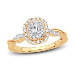 Now + Forever Diamond Engagement Ring 3/8 ct tw Emerald & Round 14K Yellow Gold