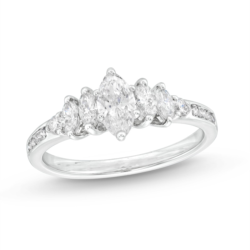 Diamond Engagement Ring 7/8 ct tw Marquise & Round 14K White Gold