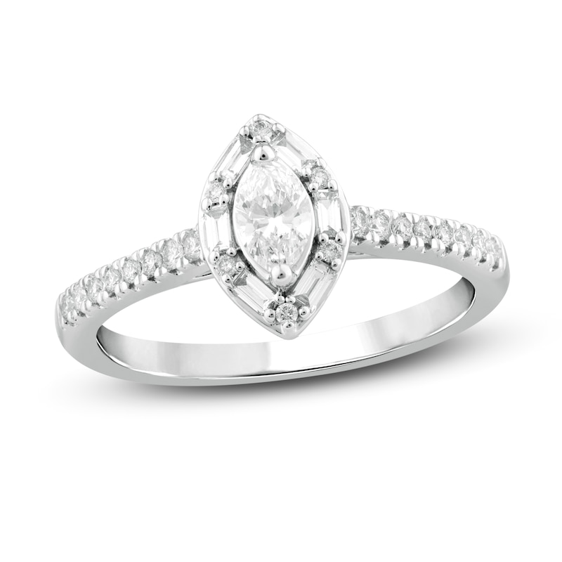 Diamond Engagement Ring 1/2 ct tw Marquise, Baguette & Round 14K White Gold