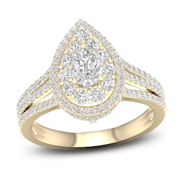 Now + Forever Multi-Diamond Engagement Ring 1-1/5 ct tw Pear & Round-cut 14K Yellow Gold