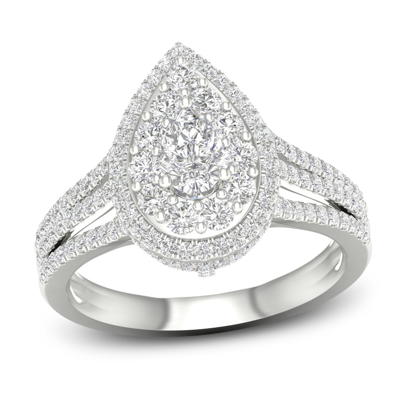 Multi-Diamond Engagement Ring 1-1/5 ct tw Pear & Round-cut 14K White Gold