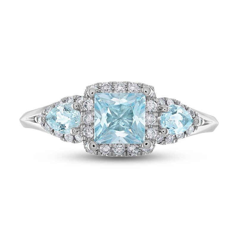 Aquamarine & Diamond Three-Stone Engagement Ring 1/5 ct tw Square, Pear & Round-Cut 14K White Gold