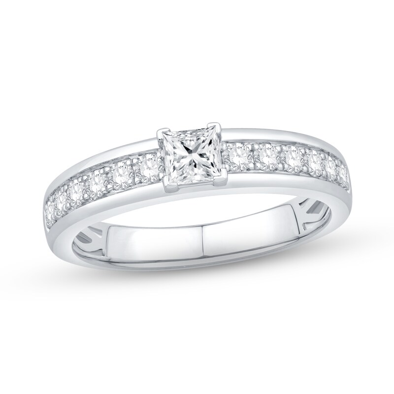 Gender Neutral Diamond Engagement Ring 7/8 ct tw Princess & Round 14K White Gold