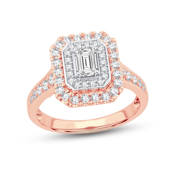 Now + Forever Diamond Engagement Ring 1-1/4 ct tw Emerald & Round-cut 14K Rose Gold