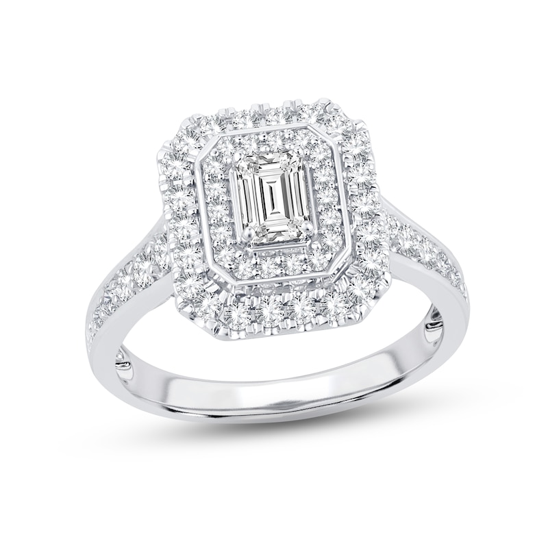 Diamond Engagement Ring 1-1/4 ct tw Emerald & Round-cut 14K White Gold