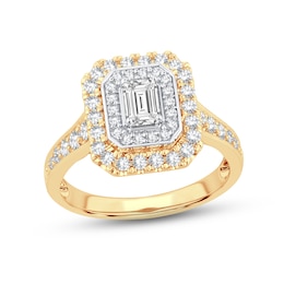 Now + Forever Diamond Engagement Ring 1-1/4 ct tw Emerald & Round-cut 14K Yellow Gold