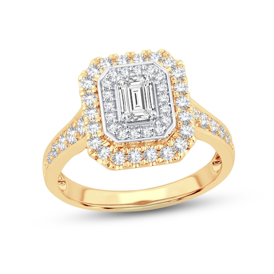 Now + Forever Diamond Engagement Ring 1-1/4 ct tw Emerald & Round-cut 14K Yellow Gold
