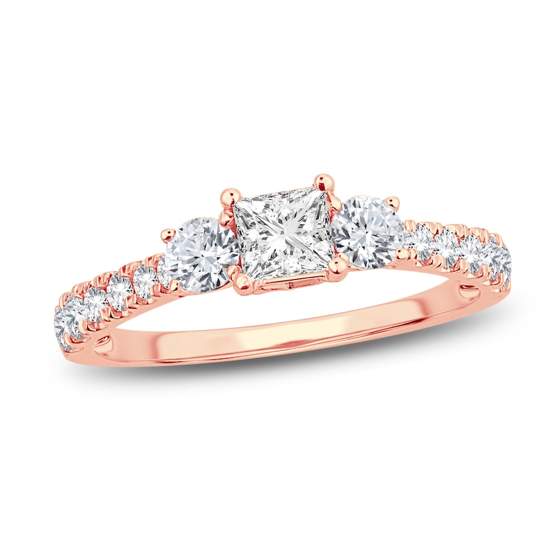 Main Image 1 of Now + Forever Three-Stone Diamond Engagement Ring 1 ct tw Princess/Round-Cut 14K Rose Gold