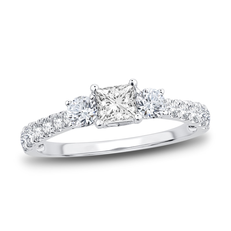 Main Image 1 of Memories Moments Magic Three-Stone Diamond Engagement Ring 1 ct tw Princess/Round-Cut 14K White Gold