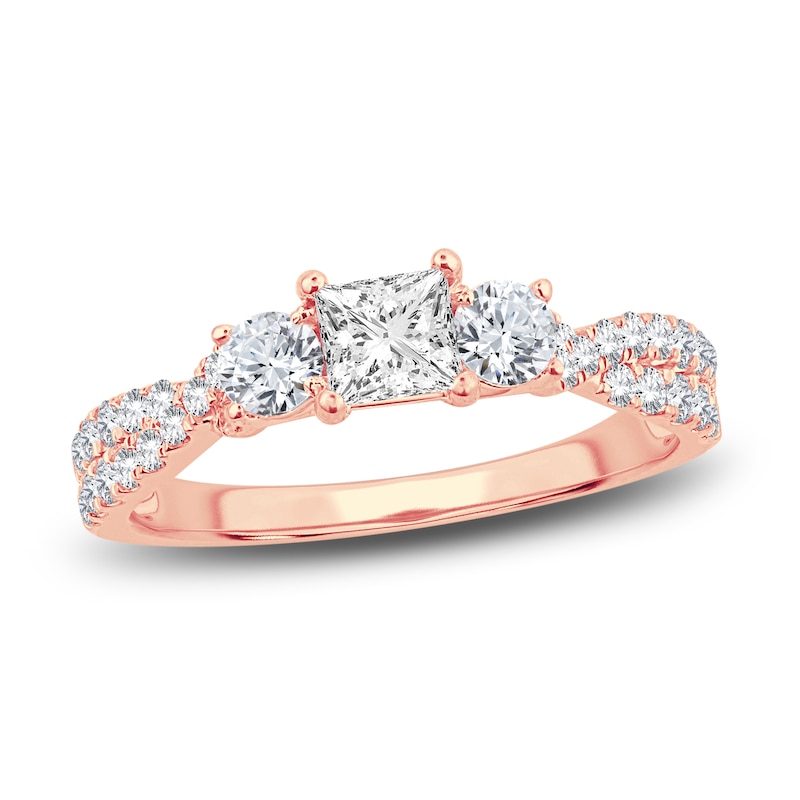 Main Image 1 of Memories Moments Magic Three-Stone Diamond Engagement Ring 1 ct tw Princess/Round-Cut 14K Rose Gold