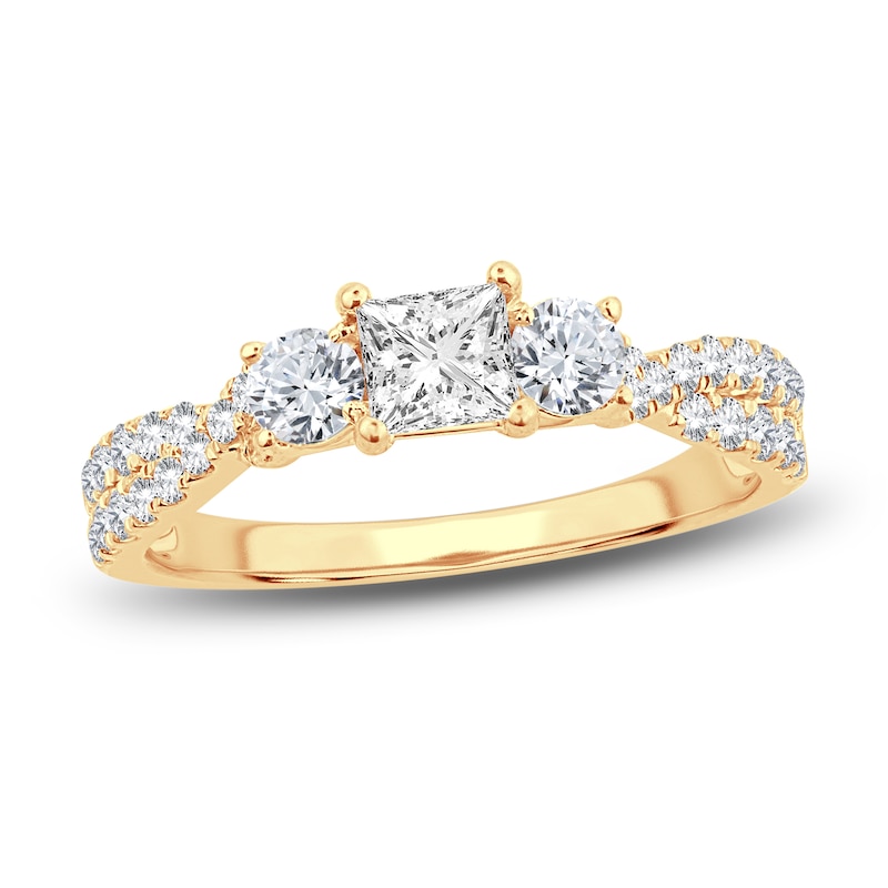Main Image 1 of Memories Moments Magic Three-Stone Diamond Engagement Ring 1 ct tw Princess/Round-Cut 14K Yellow Gold
