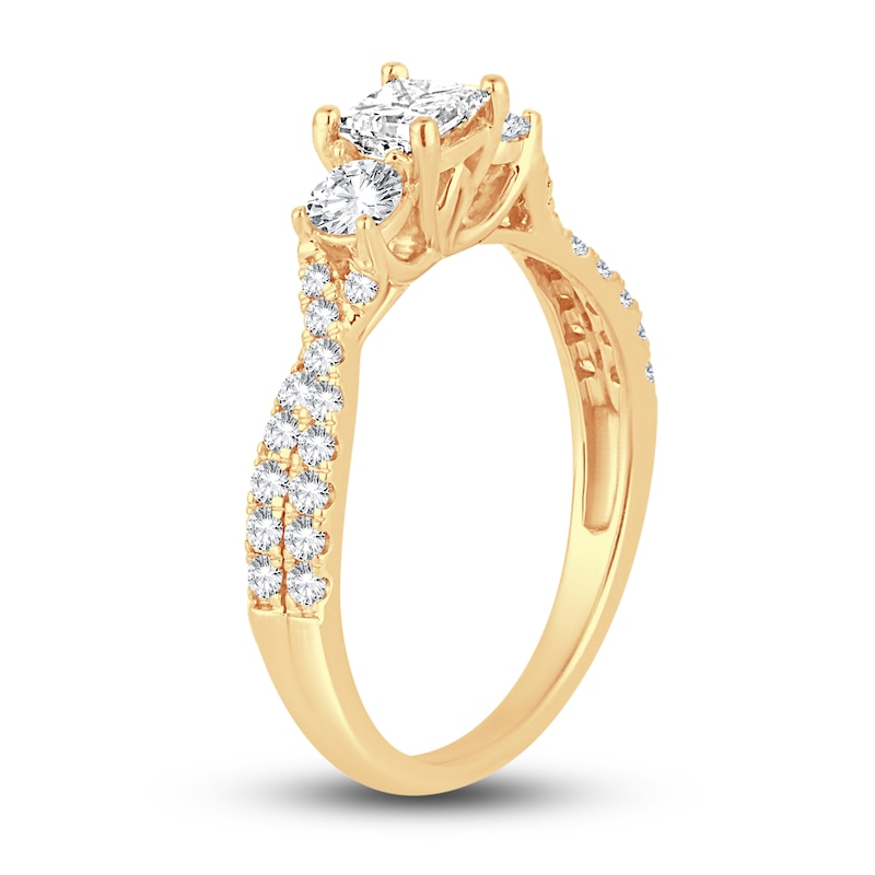 Main Image 2 of Memories Moments Magic Three-Stone Diamond Engagement Ring 1 ct tw Princess/Round-Cut 14K Yellow Gold