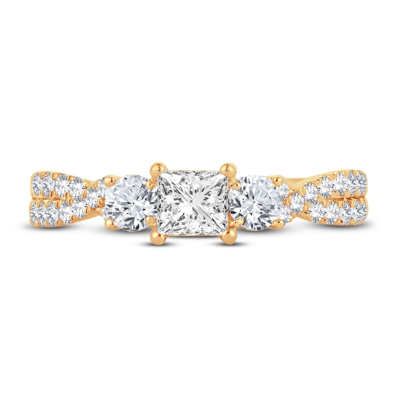 Main Image 3 of Memories Moments Magic Three-Stone Diamond Engagement Ring 1 ct tw Princess/Round-Cut 14K Yellow Gold