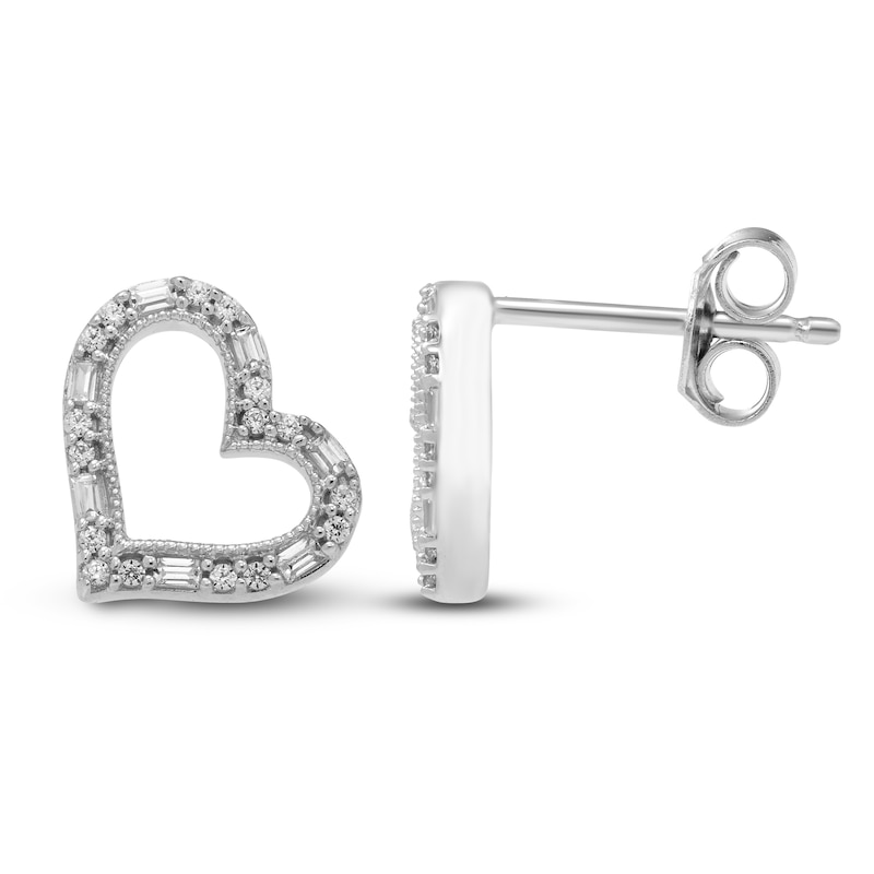 Main Image 2 of Neil Lane Diamond Heart Earrings 1/8 ct tw Round & Baguette 10K White Gold