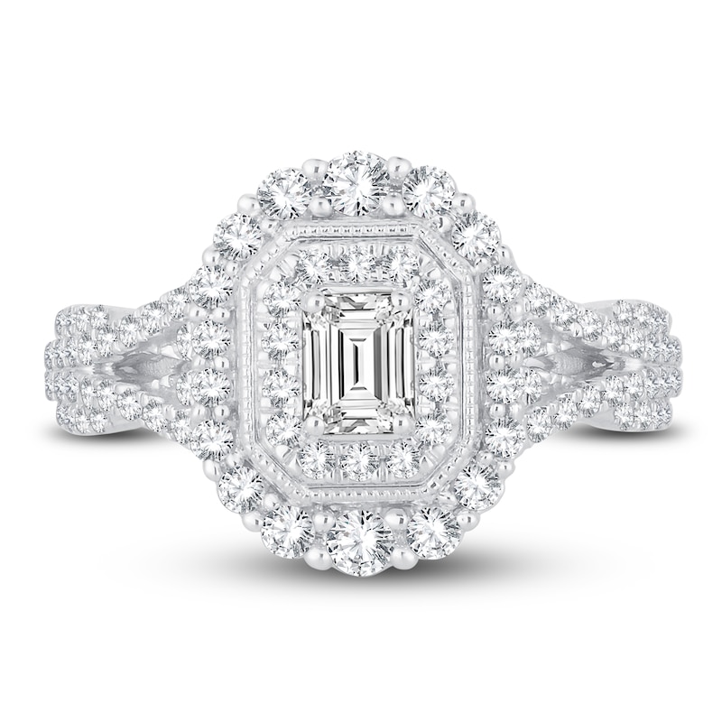 Diamond Engagement Ring 7/8 ct tw Emerald & Round 14K White Gold