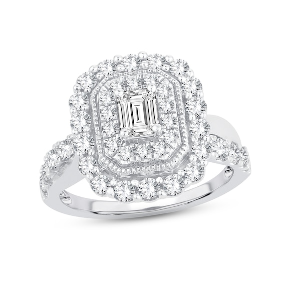 Now + Forever Diamond Engagement Ring 1-1/2 ct tw Emerald & Round-cut 14K White Gold