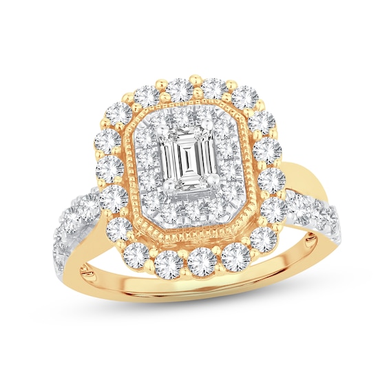 Now + Forever Diamond Engagement Ring 1-1/2 ct tw Emerald & Round-cut 14K Gold