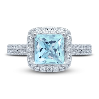 Square-cut Aquamarine Engagement Ring 3/8 ct tw Diamonds 14K White Gold ...