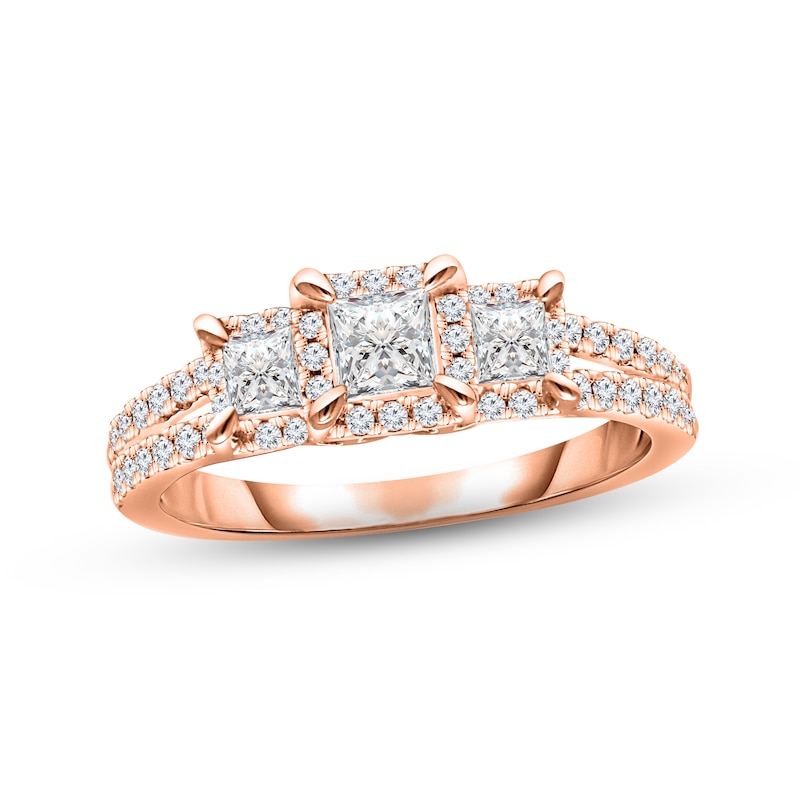 Main Image 1 of Memories Moments Magic Three-Stone Diamond Engagement Ring 1 ct tw Princess & Round-cut 14K Rose Gold