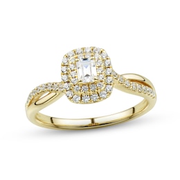 Now + Forever Diamond Engagement Ring 1/2 ct tw Emerald & Round-cut 14K Yellow Gold