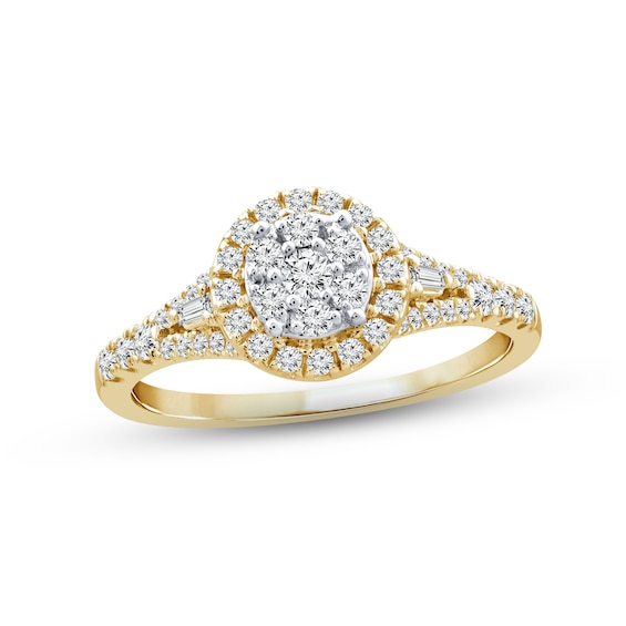 Now + Forever Diamond Engagement Ring 1/2 ct tw Round & Baguette-cut 10K Yellow Gold