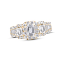 Now + Forever Diamond Three-Stone Engagement Ring 1-3/4 ct tw Emerald, Round & Baguette-cut 14K Yellow Gold