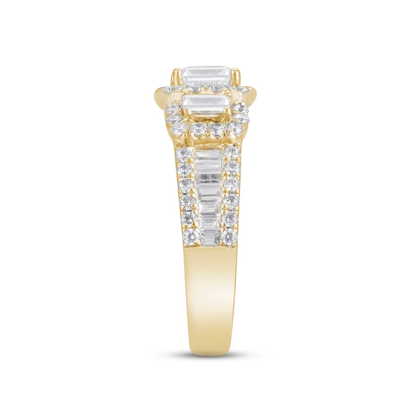 Main Image 2 of Now + Forever Diamond Three-Stone Engagement Ring 1-3/4 ct tw Emerald, Round & Baguette-cut 14K Yellow Gold