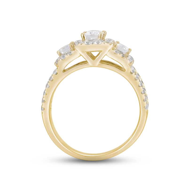 Diamond Three-Stone Engagement Ring 1-3/4 ct tw Emerald, Round & Baguette-cut 14K Yellow Gold