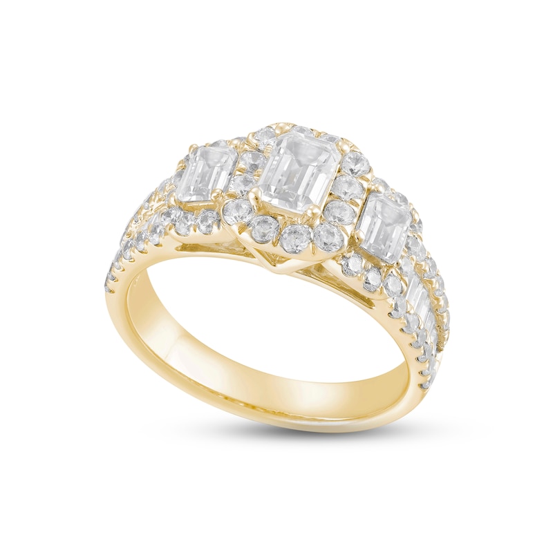Main Image 4 of Now + Forever Diamond Three-Stone Engagement Ring 1-3/4 ct tw Emerald, Round & Baguette-cut 14K Yellow Gold