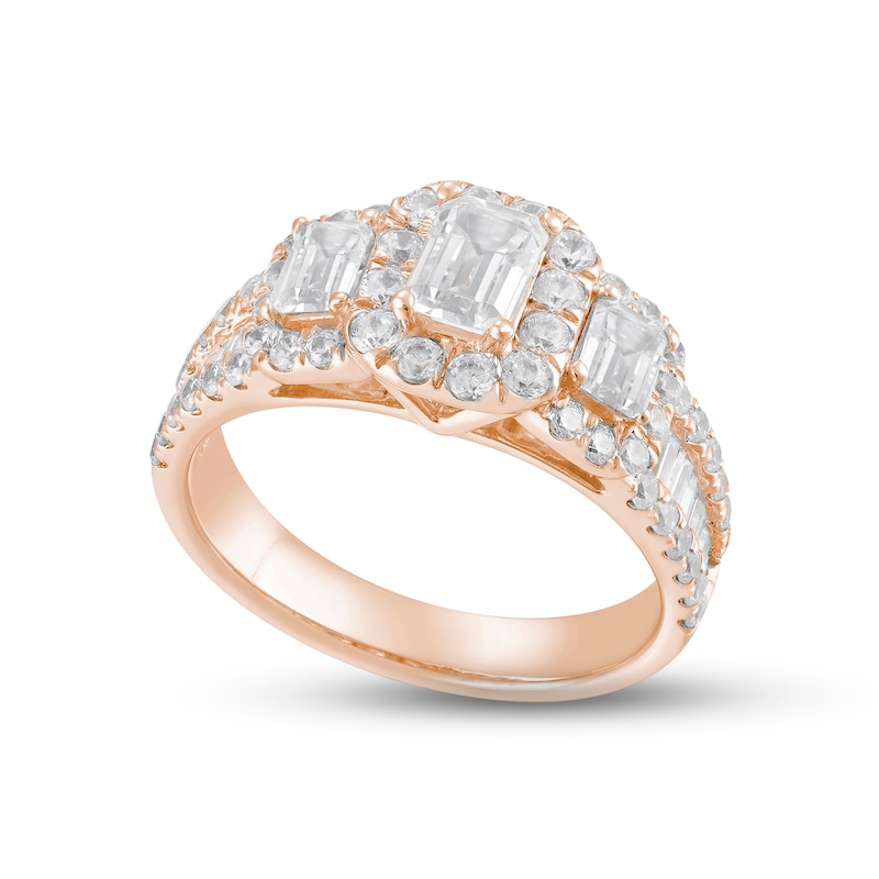 Main Image 2 of Now + Forever Diamond Three-Stone Engagement Ring 1-3/4 ct tw Emerald, Round & Baguette-cut 14K Rose Gold