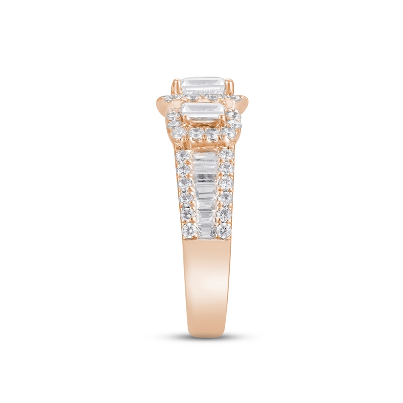 Main Image 3 of Now + Forever Diamond Three-Stone Engagement Ring 1-3/4 ct tw Emerald, Round & Baguette-cut 14K Rose Gold