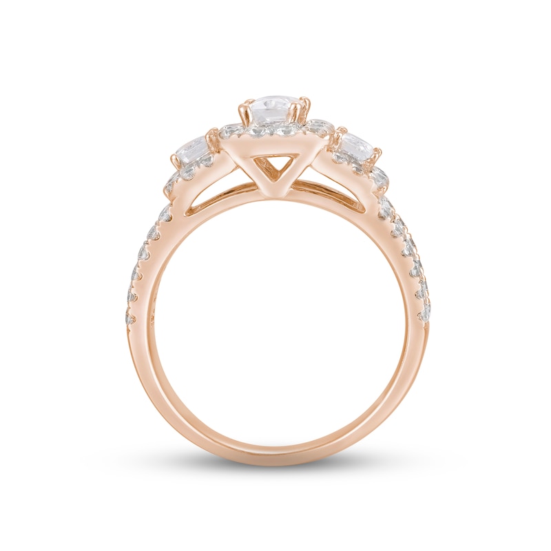 Diamond Three-Stone Engagement Ring 1-3/4 ct tw Emerald, Round & Baguette-cut 14K Rose Gold