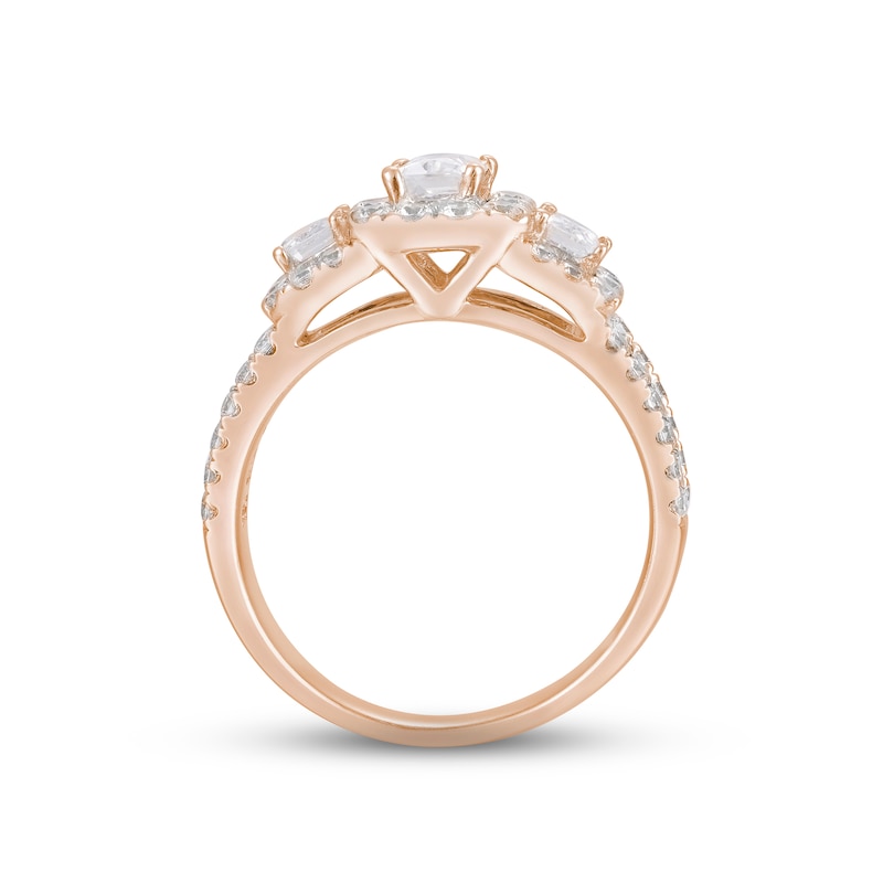 Main Image 4 of Now + Forever Diamond Three-Stone Engagement Ring 1-3/4 ct tw Emerald, Round & Baguette-cut 14K Rose Gold