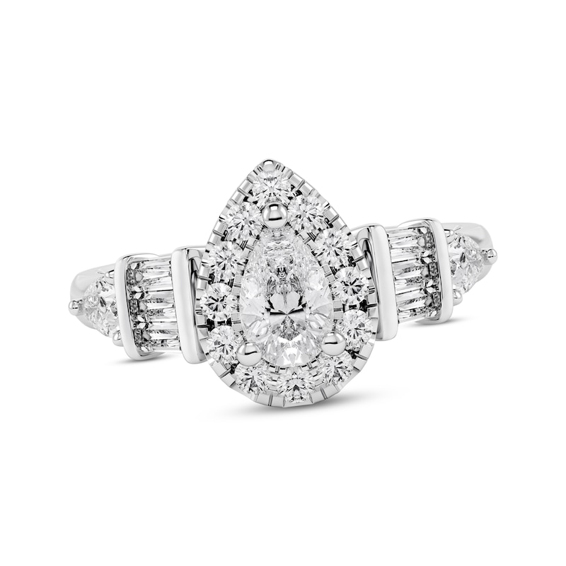 Diamond Engagement Ring 1-1/4 ct tw Pear, Round & Baguette-cut 14K White Gold