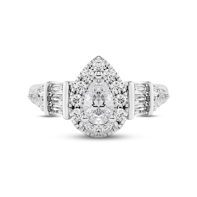 Diamond Engagement Ring 1-1/4 ct tw Pear, Round & Baguette-cut 14K White Gold