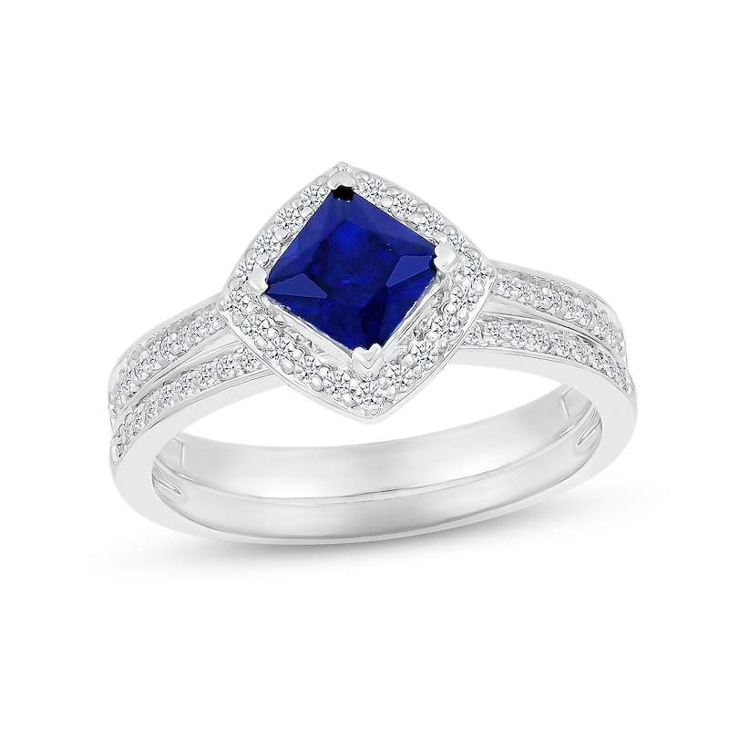 Blue Sapphire & Diamond Bridal Set 1/4 ct tw Square & Round-cut 10K White Gold