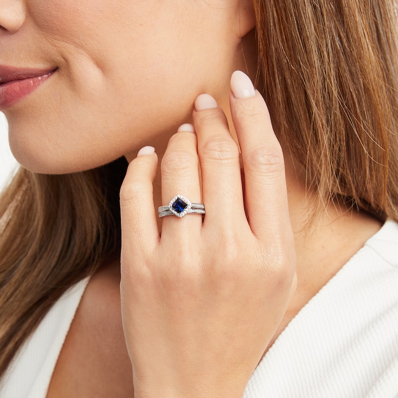 Main Image 5 of Now + Forever Blue Sapphire & Diamond Bridal Set 1/4 ct tw Square & Round-cut 10K White Gold