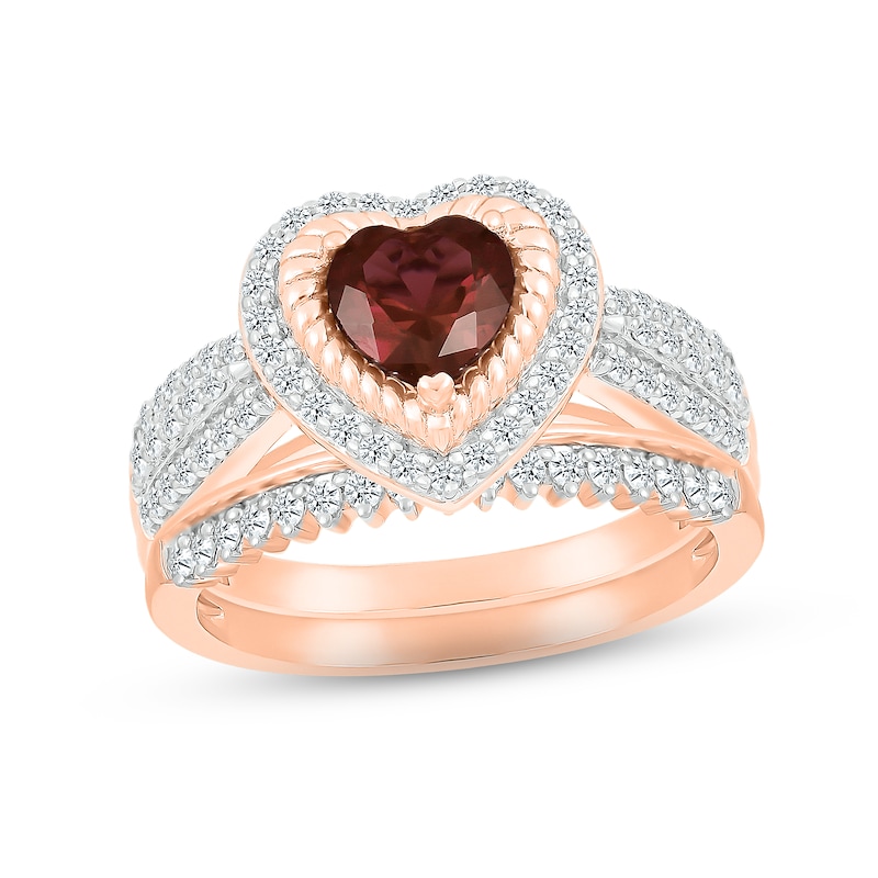 Garnet & Diamond Bridal Set 1/2 ct tw Heart & Round-cut 10K Rose Gold