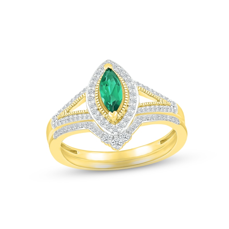 Main Image 1 of Now + Forever Emerald & Diamond Bridal Set 1/5 ct tw Marquise & Round-cut 10K Yellow Gold