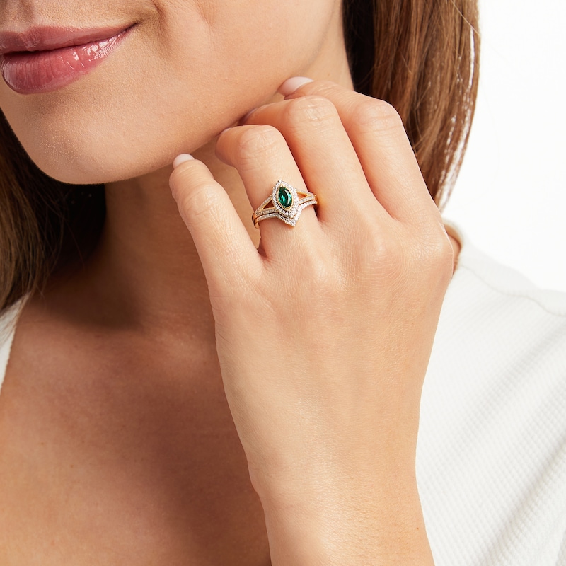 Main Image 5 of Now + Forever Emerald & Diamond Bridal Set 1/5 ct tw Marquise & Round-cut 10K Yellow Gold