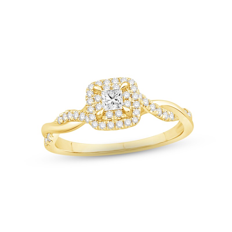 Diamond Halo Engagement Ring 3/8 ct tw Princess & Round-cut 14K Yellow Gold