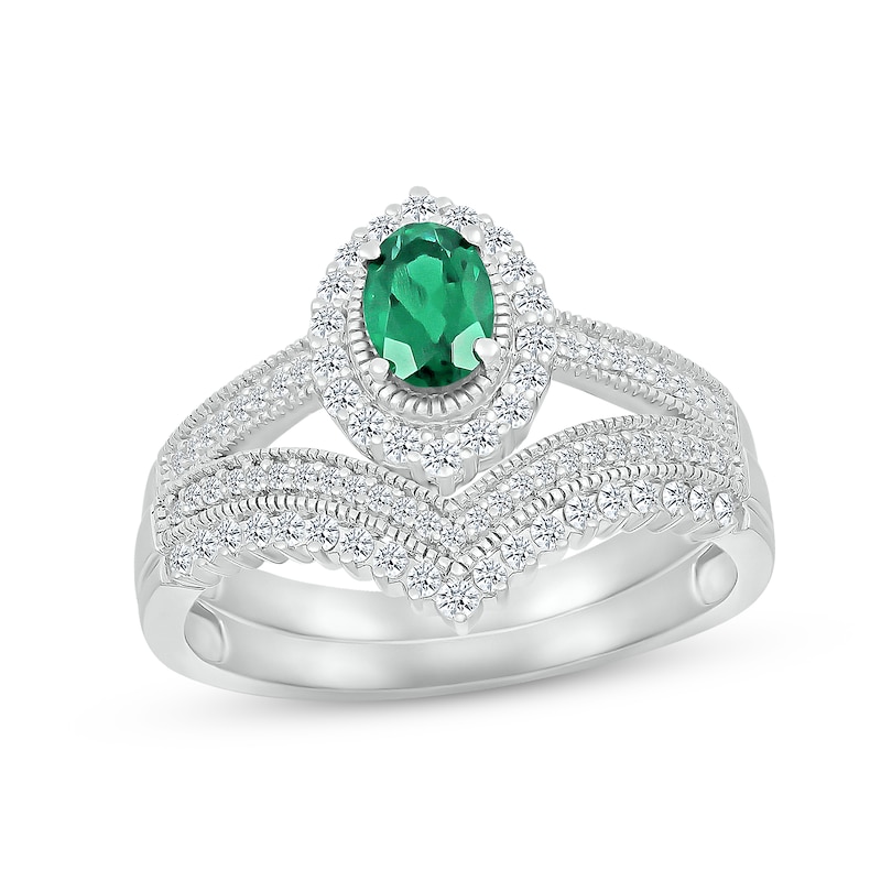 Emerald & Diamond Bridal Set 1/3 ct tw Oval & Round-cut 10K White Gold