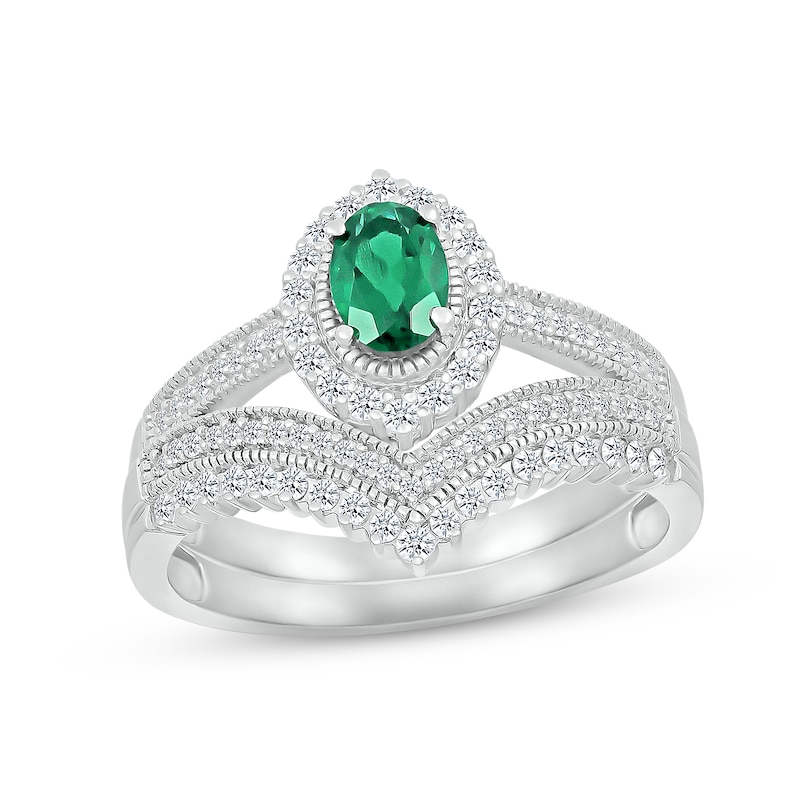 Main Image 1 of Now + Forever Emerald & Diamond Bridal Set 1/3 ct tw Oval & Round-cut 10K White Gold