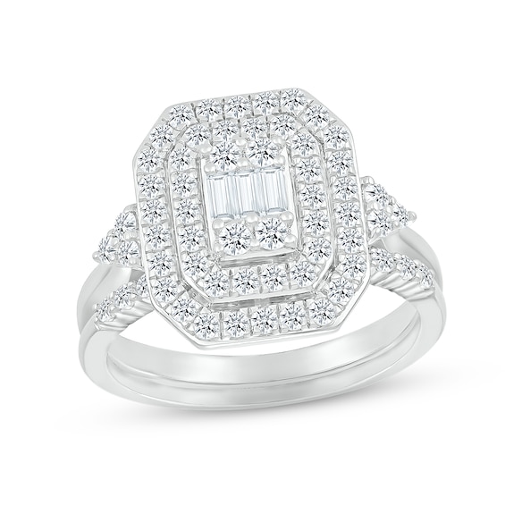 Now + Forever Multi-Diamond Center Bridal Set 7/8 ct tw Baguette & Round-cut 10K White Gold
