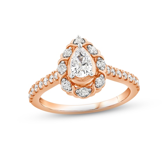 Diamond Halo Engagement Ring 7/8 ct tw Pear & Round-cut 14K Rose Gold