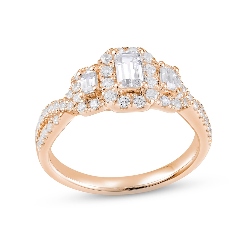 Main Image 1 of Memories Moments Magic Diamond Three-Stone Engagement Ring 1 ct tw Emerald & Round-cut 14K Rose Gold