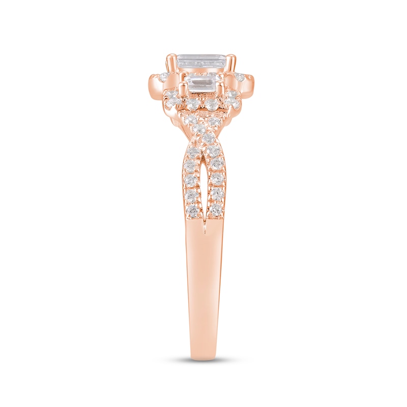 Main Image 2 of Memories Moments Magic Diamond Three-Stone Engagement Ring 1 ct tw Emerald & Round-cut 14K Rose Gold