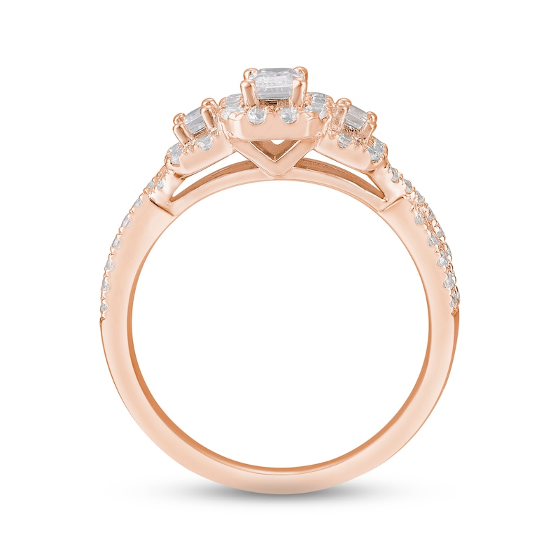 Main Image 3 of Memories Moments Magic Diamond Three-Stone Engagement Ring 1 ct tw Emerald & Round-cut 14K Rose Gold